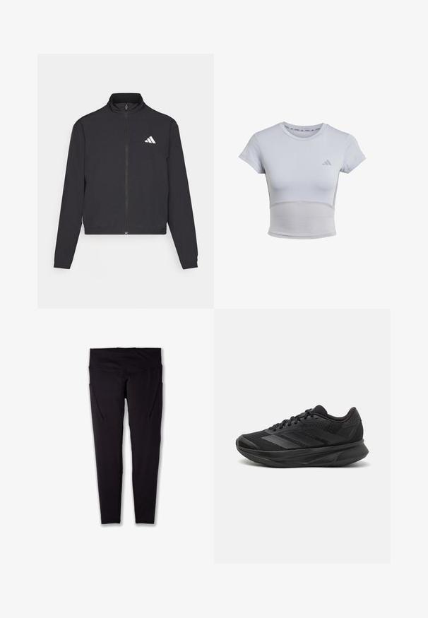 adidas Performance TRAIN ESSENTIALS 3 STRIPES WARM UP - Trainingsjacke - black/white; adidas Performance Sport T-Shirt - halo silver grey; Schwarze Sportleggings mit hohem Bund, aus dehnbarem Material, mit seitlichen Taschen und flachen Nähten für eine glatte Passform.; Schwarzer Laufschuh mit einem atmungsaktiven Mesh-Obermaterial, runder Zehenpartie, schlankem Design, strukturierten Akzenten und einer gepolsterten Sohle für Komfort.
