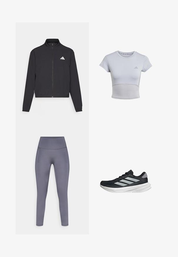 adidas Performance TRAIN ESSENTIALS 3 STRIPES WARM UP - Training jacket - black/white; adidas Performance Sports T-shirt - halo silver grey; High-waisted, smooth, stretch leggings in soft gray fabric with flat seams and no visible hardware, featuring a side pocket.; Black running shoe with mesh upper, three silver stripes, white midsole, and textured outsole. Features padded collar and lace closure.