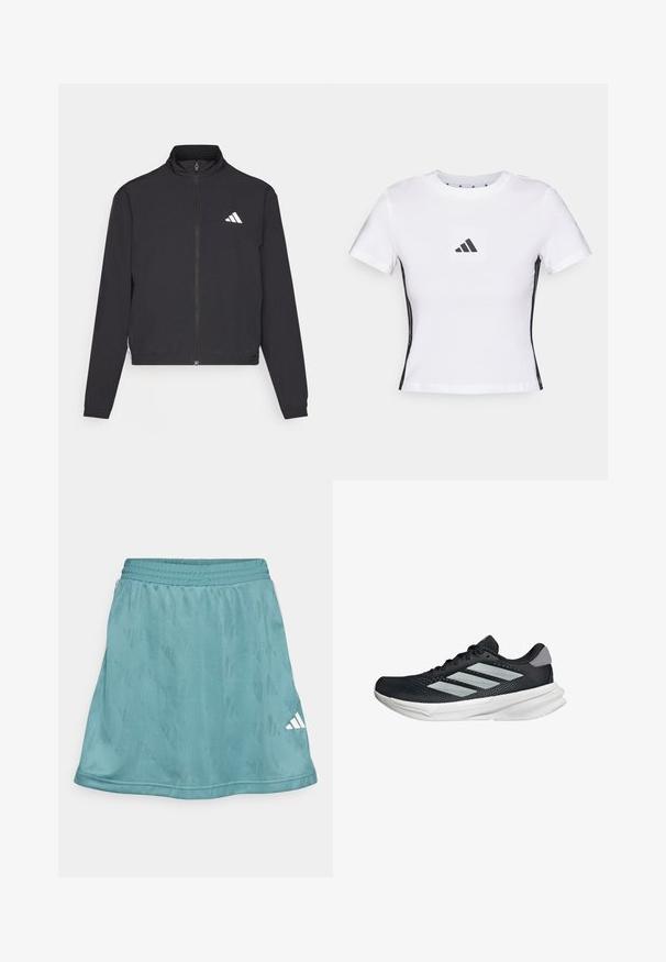 adidas Performance TRAIN ESSENTIALS 3 STRIPES WARM UP - Training jacket - black/white; White short-sleeve t-shirt made from cotton, featuring a black Adidas logo in a square patch and black side accents. Classic crew neckline.; Aqua athletic skirt with a textured pattern, elastic waistband, and white Adidas logo at the lower right corner. Smooth fabric, above knee length.; Black running shoe with mesh upper, three silver stripes, white midsole, and textured outsole. Features padded collar and lace closure.