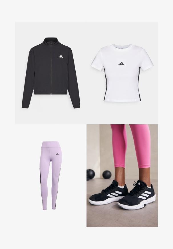 adidas Performance TRAIN ESSENTIALS 3 STRIPES WARM UP - Treningsjakke - black/white; Hvit kortermet t-skjorte laget av bomull, med en svart Adidas-logo i et kvadratisk merke og svarte sidelister. Klassisk rund hals.; Lilla treningsleggings med høy livhøyde, elastisk stoff, svarte sidestriper og Adidas-logoen foran.; Svarte treningssko med hvite striper, teksturert mesh-overdel og hvit såle. Brukt med rosa leggings, som viser frem treningsklær.