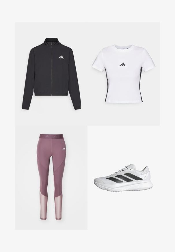 adidas Performance TRAIN ESSENTIALS 3 STRIPES WARM UP - Giacca sportiva - black/white; T-shirt bianco a maniche corte in cotone, con logo Adidas nero in una patch quadrata e accenti laterali neri. Collo a giroclassico.; adidas Performance Leggings - shadow fig/white; Scarpa da ginnastica bianca con tomaia in rete traspirante, tre strisce nere, suola leggera e dettagli testurizzati sul tallone per maggiore supporto.