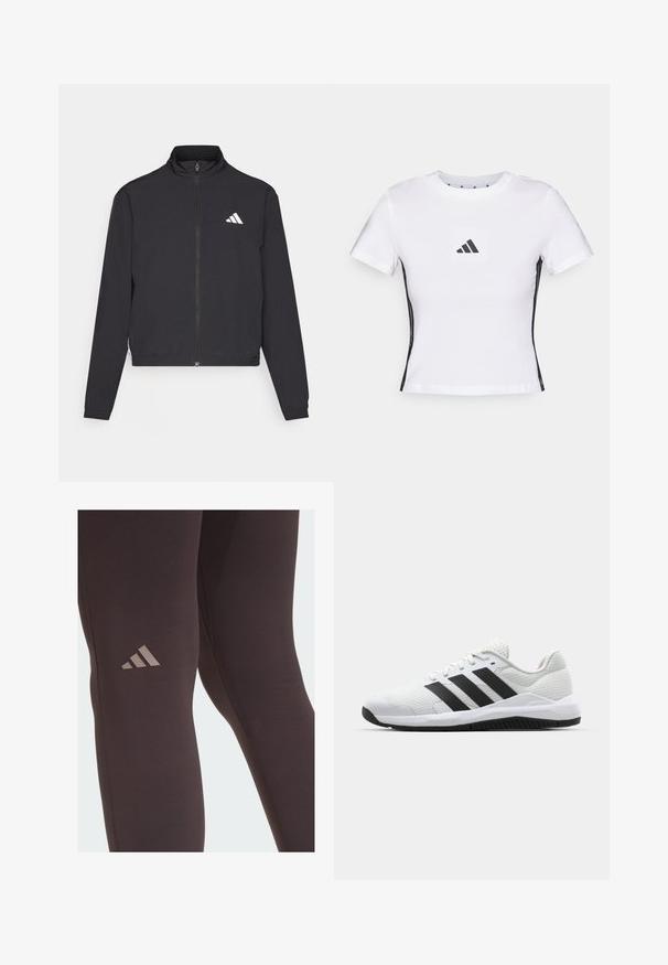 adidas Performance TRAIN ESSENTIALS 3 STRIPES WARM UP - Træningsjakke - black/white; Hvid t-shirt med korte ærmer lavet af bomuld, der har et sort Adidas-logo i et firkantet patch og sorte sideaccenter. Klassisk rund halsudskæring.; Sorte atletiske leggings med en glat tekstur, der har et subtilt brunt Adidas-logo på låret og forstærkede syninger.; Hvide atletisk sko lavet af åndbart mesh med sorte tre-stripes accenter, en struktureret hæl og en gummisål for bedre greb.