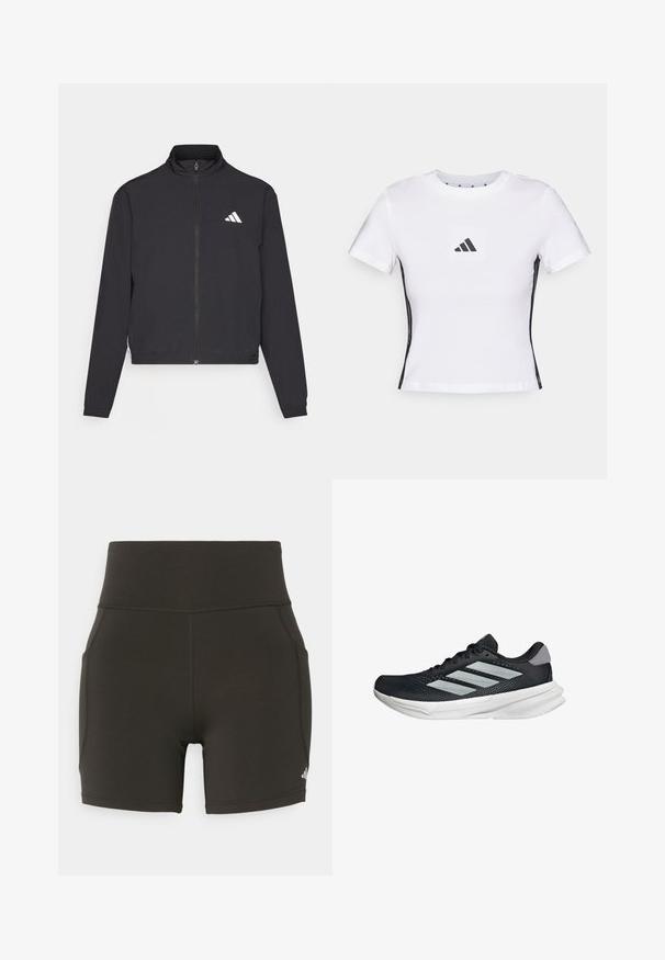 adidas Performance TRAIN ESSENTIALS 3 STRIPES WARM UP - Training jacket - black/white; White short-sleeve t-shirt made from cotton, featuring a black Adidas logo in a square patch and black side accents. Classic crew neckline.; Black athletic shorts made of stretchy material, featuring a high waist and side pockets, with subtle stitching and a logo on the bottom right.; Black running shoe with mesh upper, three silver stripes, white midsole, and textured outsole. Features padded collar and lace closure.