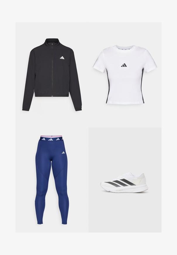 adidas Performance TRAIN ESSENTIALS 3 STRIPES WARM UP - Training jacket - black/white; White short-sleeve t-shirt made from cotton, featuring a black Adidas logo in a square patch and black side accents. Classic crew neckline.; Navy athletic leggings with a high waistband featuring a pink and white logo band. Smooth texture and athletic cut with seam detailing.; White athletic shoe with black diagonal stripes, mesh upper, rounded toe, and textured sole. Accents include a silver heel and minimalistic design.