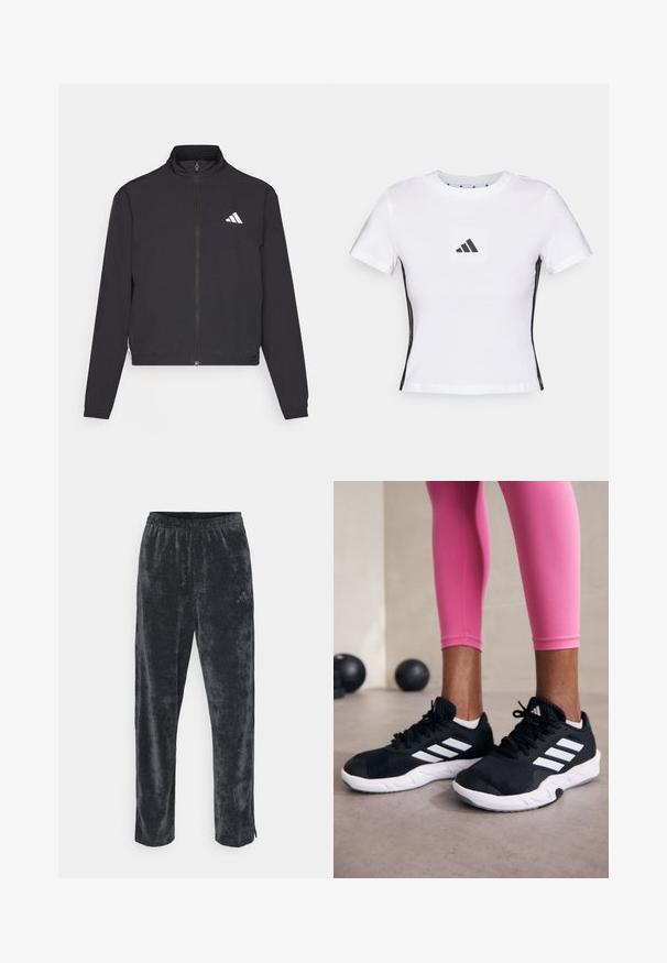 adidas Performance TRAIN ESSENTIALS 3 STRIPES WARM UP - Casaco de treino - black/white; T-shirt branca de manga curta feita em algodão, com um logótipo preto da Adidas em um retângulo e detalhes laterais pretos. Decote redondo clássico.; Calças em veludo cinzentas e suaves com um corte descontraído, apresentando uma cintura elástica e riscas laterais subtis. Pequeno logo decorativo na parte superior da perna.; Sapatos de treino pretos com riscas brancas, parte superior em malha texturizada e sola branca. Usados com leggings cor-de-rosa, destacando roupa de treino.