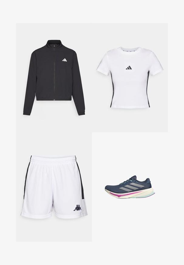 adidas Performance TRAIN ESSENTIALS 3 STRIPES WARM UP - Tréning dzseki - black/white; Fehér, rövid ujjú póló, pamutból készült, fekete Adidas logóval egy négyzet alakú folton és fekete oldalbetétekkel. Klasszikus, környakú fazon.; Fehér sport rövidnadrág könnyű anyagból, fekete oldalsó panelekkel és egy kis fekete logóval az alsó bal elülső részen.; Sötétkék futócipő, hálós felsőrésszel, ezüst csíkokkal, menta színű részletekkel és párnázott talppal, mely rózsaszín és türkiszkék díszítést tartalmaz a kényelem érdekében.