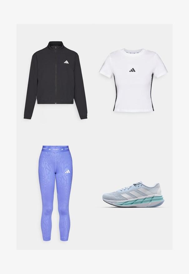 adidas Performance TRAIN ESSENTIALS 3 STRIPES WARM UP - Trainingsvest - black/white; Witte korte mouwen t-shirt van katoen, met een zwart Adidas-logo in een vierkante patch en zwarte zijaccenten. Klassieke ronde hals.; Paarse legging van textuurstof met een patroonontwerp, met een brede tailleband waarop 'TECHFIT' is bedrukt en een witte logo-accent.; Lichtblauwe sportschoenen met een gestructureerde breitbovenkant, witte accenten en een doorzichtige groene tussenzool. Ronde neus en gevoerde kraag.