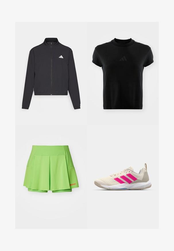 adidas Performance TRAIN ESSENTIALS 3 STRIPES WARM UP - Tréning dzseki - black/white; Fekete, rövid ujjú póló sima anyagból. Kerek nyakú, az elején dombornyomott Adidas logóval.; Zöld teniszszoknya pliszé kialakítással, könnyű anyagból készült. Beépített shortokkal rendelkezik, és piros logó található az alsó jobb sarkában.; Beige sportcipő rózsaszín háromsávos logóval, texturált hálós felső résszel, párnázott nyakkal és fehér gumitalppal, "LIGHTSTRIKE" márkajelzéssel.