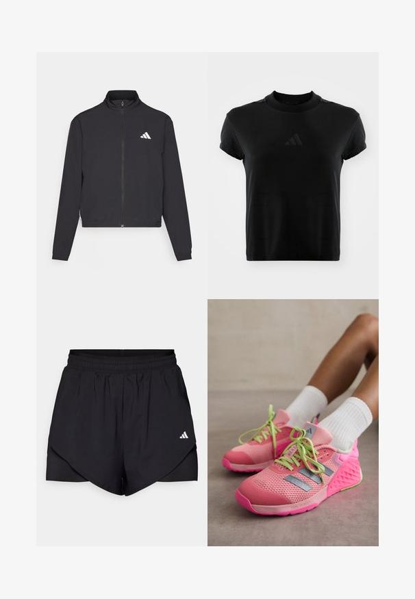 adidas Performance TRAIN ESSENTIALS 3 STRIPES WARM UP - Bluză de trening - black/white; Tricou negru cu mânecă scurtă, realizat dintr-un material neted. Are un decolteu rotund și un logo Adidas embosat pe față.; Pantaloni scurți atletici negri cu un design stratificat, fabricați dintr-un material ușor. Au un talie elastică și un mic logo alb pe lateral.; adidas Performance DROPSET 3 - Pantofi training - semi pink spark/iron metallic/silver dawn