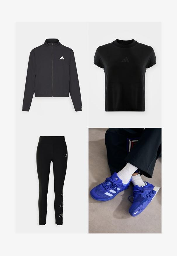 adidas Performance TRAIN ESSENTIALS 3 STRIPES WARM UP - Veste de survêtement - black/white; T-shirt noir à manches courtes en tissu lisse. Présente un col rond et un logo Adidas en relief sur le devant.; Leggings noirs en tissu extensible, avec une taille haute et un logo réfléchissant sur la hanche, ornés d'un design géométrique sur la jambe.; Baskets de sport bleu royal avec accents blancs ; tige en maille, côtés texturés, semelle en caoutchouc épaisse et système de laçage détaillé.