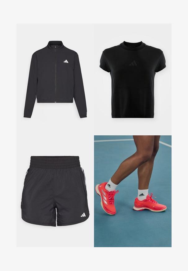 adidas Performance TRAIN ESSENTIALS 3 STRIPES WARM UP - Casaco de treino - black/white; T-shirt preta de manga curta feita de tecido liso. Apresenta um decote redondo e um logótipo da Adidas em relevo na parte da frente.; Calções de desporto pretos com um cós elástico, bolsos laterais e detalhes em lista branca nas laterais. Feitos de material leve.; Sapatilhas desportivas de um rosa brilhante com detalhes e atacadores brancos, apresentando uma textura suave e uma sola de borracha, usadas com meias brancas da Adidas.