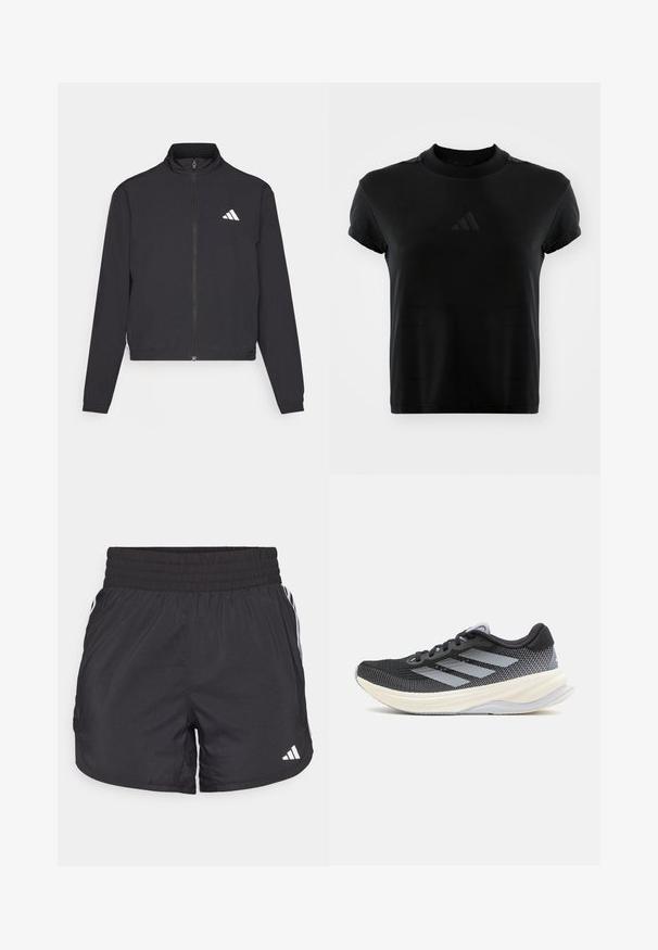 adidas Performance TRAIN ESSENTIALS 3 STRIPES WARM UP - Trainingsvest - black/white; Zwarte t-shirt met korte mouwen van gladde stof. Heeft een ronde hals en een reliëf Adidas-logo op de voorkant.; Zwarte sportieve shorts met een elastische tailleband, zijzakken en witte streepaccenten aan de zijkanten. Gemaakt van lichtgewicht materiaal.; adidas Performance SUPERNOVA SOLUTION - Hardloopschoenen voor op de weg - core black/halo silver/dash grey