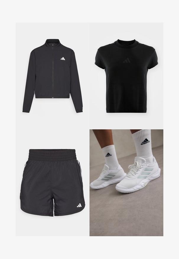 adidas Performance TRAIN ESSENTIALS 3 STRIPES WARM UP - Verryttelytakki - black/white; Mustahiidut musta t-särk lühikeste varrukatega, mis on valmistatud siledast kangast. Omab ümmargust kaelust ja esiküljel on reljeefne Adidas'i logo.; Mustat urheilushortsit, joissa on joustava vyötärö, sivutaskut ja valkoiset raidat sivuilla. Valmistettu kevyestä materiaalista.; Valkoiset urheilukengät, joissa on verkkomateriaali ja vaaleanvihreät korostukset, kolmi raidalliset muotoilut ja kumipohja. Yhdistetty valkoisiin nilkkasukkiin.