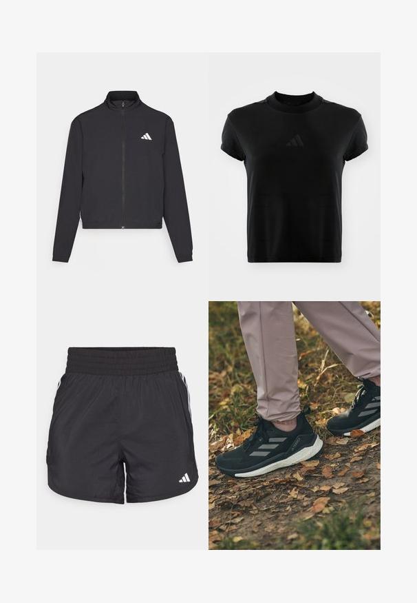 adidas Performance TRAIN ESSENTIALS 3 STRIPES WARM UP - Jakna za treniranje - black/white; Crna majica kratkih rukava napravljena od glatkog materijala. Ima okrugli izrez i utisnuti Adidas logo sprijeda.; Crne atletske kratke hlače s elastičnom trakom u struku, bočnim džepovima i bijelim prugama sa strane. Izrađene su od laganog materijala.; Crne atletske cipele s laganim sivim prugama, s teksturiranim gornjim dijelom, bijelim jastučićem, uparene s svijetloružičastim hlačama, na tlu pokrivenom lišćem.