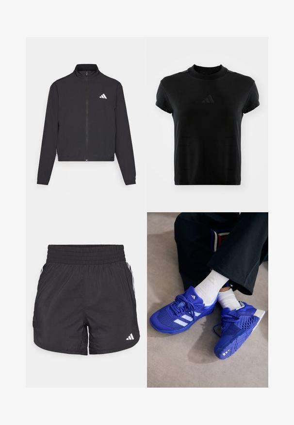 adidas Performance TRAIN ESSENTIALS 3 STRIPES WARM UP - Veste de survêtement - black/white; T-shirt noir à manches courtes en tissu lisse. Présente un col rond et un logo Adidas en relief sur le devant.; Shorts de sport noirs avec une taille élastique, des poches latérales et des accents de rayures blanches sur les côtés. Fabriqués en matériau léger.; Baskets de sport bleu royal avec accents blancs ; tige en maille, côtés texturés, semelle en caoutchouc épaisse et système de laçage détaillé.