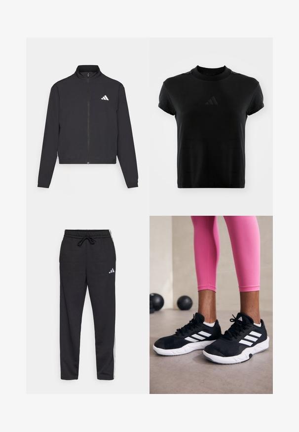 adidas Performance TRAIN ESSENTIALS 3 STRIPES WARM UP - Treniņjaka - black/white; Melnas īsām piedurknēm T-kreklu, kas izgatavots no gludas auduma. Iekļauj apaļu kakla izgriezumu un uzgludinātu Adidas logo priekšpusē.; Melnas sporta bikses, kas izgatavotas no mīksta auduma, ar elastīgu jostasvietu un auklu, kā arī baltām sānu svītrām un smalku logotipa detaļu.; Melnas sporta kurpes ar baltām svītrām, teksturēta sieta augšdaļa un balta zole. Nēsātas ar rozā legingiem, demonstrējot treniņu apģērbu.
