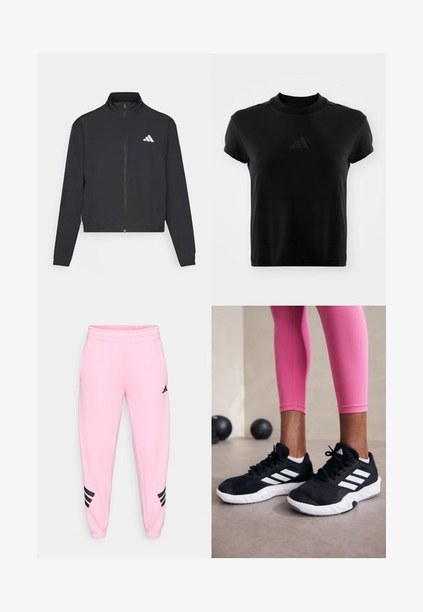adidas Performance TRAIN ESSENTIALS 3 STRIPES WARM UP - Casaco de treino - black/white; T-shirt preta de manga curta feita de tecido liso. Apresenta um decote redondo e um logótipo da Adidas em relevo na parte da frente.; Calças de jogging cor-de-rosa com um design de perna afunilada, cintura elástica e detalhes em azul escuro nas laterais inferiores. Feitas de um tecido suave.; Sapatos de treino pretos com riscas brancas, parte superior em malha texturizada e sola branca. Usados com leggings cor-de-rosa, destacando roupa de treino.