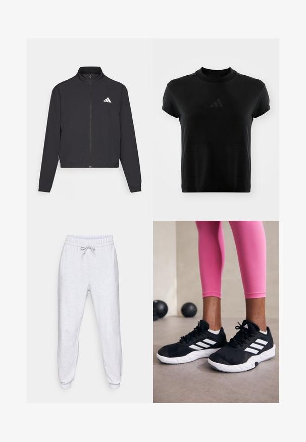adidas Performance TRAIN ESSENTIALS 3 STRIPES WARM UP - Casaco de treino - black/white; T-shirt preta de manga curta feita de tecido liso. Apresenta um decote redondo e um logótipo da Adidas em relevo na parte da frente.; Calças de moletão cinza claro com cintura elástica, fecho com cordão e punhos ajustados. Feitas de um tecido texturizado sem padrões visíveis.; Sapatos de treino pretos com riscas brancas, parte superior em malha texturizada e sola branca. Usados com leggings cor-de-rosa, destacando roupa de treino.