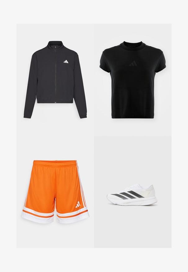 adidas Performance TRAIN ESSENTIALS 3 STRIPES WARM UP - Sportovní bunda - black/white; Černé tričko s krátkým rukávem vyrobené z hladké tkaniny. Má kulatý výstřih a vystouplé logo Adidas na přední straně.; Oranžové sportovní šortky s texturovanou tkaninou, bílými akcenty a třemi bílými pruhy po stranách. Elastický pas pro pohodlí.; Bílé sportovní tenisky s černými diagonálními pruhy, síťovaným svrškem, zaoblenou špičkou a texturovanou podrážkou. Zajímavosti zahrnují stříbrnou patu a minimalistický design.