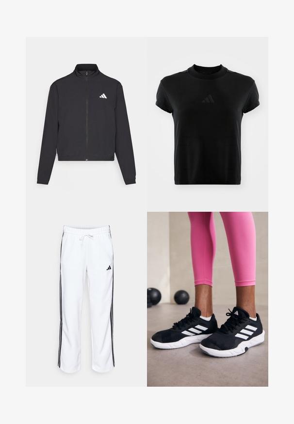 adidas Performance TRAIN ESSENTIALS 3 STRIPES WARM UP - Športna jakna/jopica - black/white; Črn kratkoročni T-majica iz gladkega materiala. Ima okroglo ovratnik in izbokljen logotip Adidas spredaj.; adidas Sportswear Spodnji deli trenirk - white/black; Črne športne čevlje z belimi črtami, teksturirano mrežasto zgornjišče in belo podplat. Obuti z roza legginsom, ki prikazujejo športno obleko.