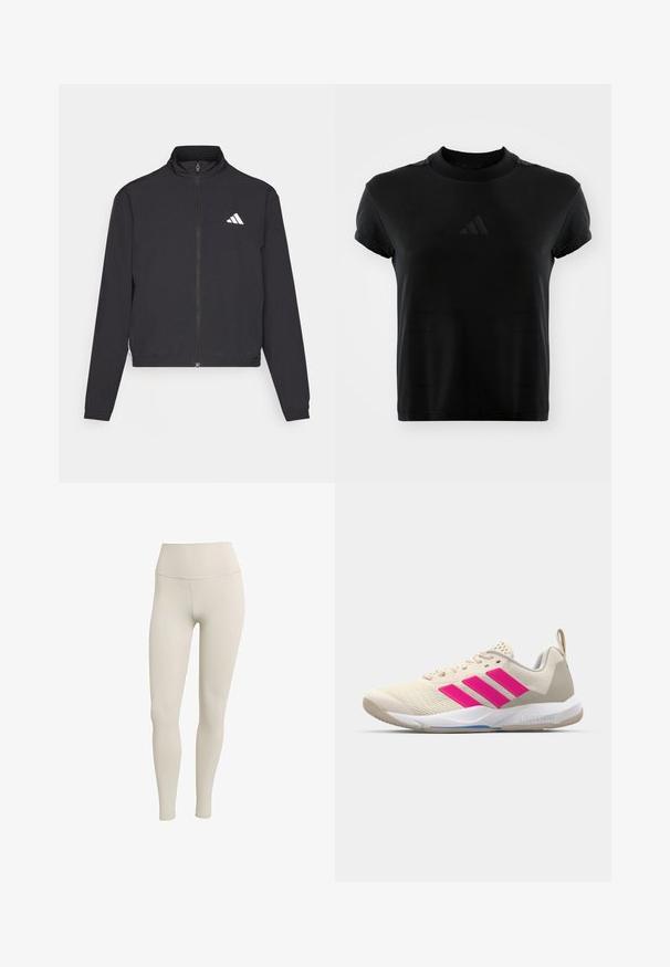 adidas Performance TRAIN ESSENTIALS 3 STRIPES WARM UP - Training jacket - black/white; Black short-sleeve t-shirt made of smooth fabric. Features a round neckline and an embossed Adidas logo on the front.; Beige leggings made of stretchy fabric with a high waistband. Smooth texture, form-fitting design, no visible patterns or hardware.; Beige athletic shoe with pink three-stripe logo, textured mesh upper, padded collar, and white rubber sole, featuring "LIGHTSTRIKE" branding.