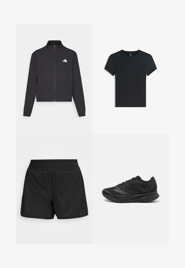 adidas Performance TRAIN ESSENTIALS 3 STRIPES WARM UP - Jakna za treniranje - black/white; Crna pamučna majica s kratkim rukavima, okruglim izrezom i mekanom, glatkom teksturom. Jednostavan dizajn, bez uzoraka ili vidljivih dodataka.; Crne atletske kratke hlače s elastičnom bojom, glatkom teksturom i bočnim džepovima. Imaju dužinu do sredine bedra i minimalistički dizajn.; Crne trkaće tenisice s prozračnom mrežastom gornjom konstrukcijom, zaobljenim prstima, elegantnim dizajnom, teksturiranim detaljima i mekanim potplatom za udobnost.