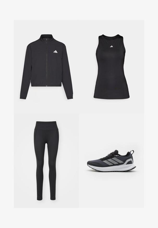 adidas Performance TRAIN ESSENTIALS 3 STRIPES WARM UP - Tréningová bunda - black/white; Čierny bezrúškový športový top z hladkej látky. Disponuje okrúhlym výstrihom a malým bielym logom Adidas na hrudi.; Čierne legíny s vysokým pásom vyrobené z hladkej, elastickej látky s textúrovanými panelmi pozdĺž strán a priliehavými členkami.; Čierna športová obuv s vrchnou časťou z materiálu s mriežkovou štruktúrou, bielou medzipodrážkou, textúrovanou gumovou podrážkou a tromi šedými pruhmi po stranách. Obsahuje šnúrky a pútko.