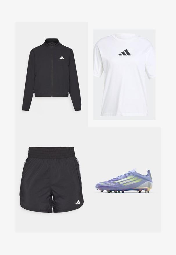 adidas Performance TRAIN ESSENTIALS 3 STRIPES WARM UP - Treningsjakke - black/white; Hvit bomulls t-skjorte med en svart Adidas-logo i trekantdesign på brystet, med korte ermer og en avslappet passform.; Svarte treningsshorts med elastisk midje, sidelommer og hvite stripeaksenter på sidene. Laget av lett materiale.; Lys lilla fotballsko med iriserende detaljer, teksturert mønster på overdelen, seks svarte pigger og tre hvite striper på siden.