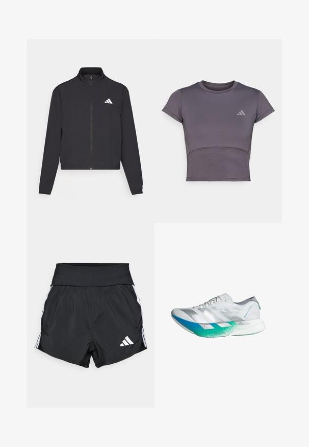 adidas Performance TRAIN ESSENTIALS 3 STRIPES WARM UP - Casaco de treino - black/white; Top crop atlético cinza de mangas curtas com um design ajustado. Apresenta um corpo texturizado e um discreto logótipo na parte do peito. Acabamento de tecido suave.; Calções atléticos pretos feitos de material leve, com um cós largo, riscas brancas nas laterais e um pequeno logotipo branco na bainha inferior.; Sapatilha de corrida branca com detalhes em prateado, sola em gradiente de azul para verde, parte superior texturizada e três riscas diagonais de lado.