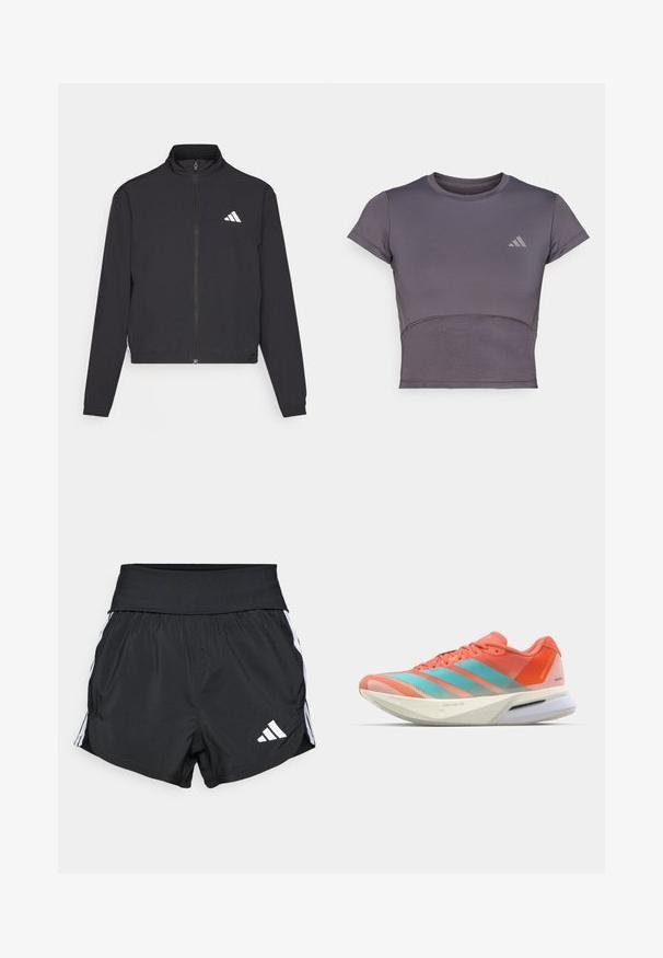 adidas Performance TRAIN ESSENTIALS 3 STRIPES WARM UP - Training jacket - black/white; Short-sleeve, gray athletic crop top with a fitted design. Features a textured body and subtle logo accent on the chest. Smooth fabric finish.; Black athletic shorts made of lightweight material, featuring a wide waistband, white side stripes, and a small white logo on the lower hem.; Running shoe with a breathable mesh upper in coral and aqua, featuring three stripes, a cushioned sole, and a sleek design.