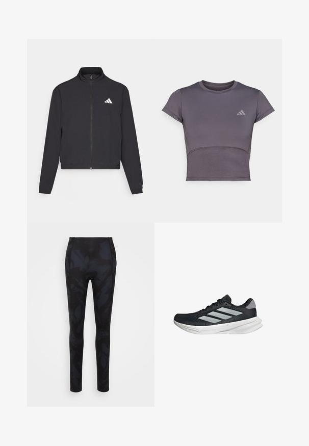 adidas Performance TRAIN ESSENTIALS 3 STRIPES WARM UP - Tréningová bunda - black/white; Krátky rukáv, šedý športový crop top s priliehavým strihom. Obsahuje textúrované telo a jemný logo akcent na hrudi. Hladký povrch textílie.; Čierne legíny s hladkým povrchom, s jemným abstraktným vzorom, úzky strih a pásom pre bezpečné nosenie.; Čierna behacia obuv s vrchnou časťou z priedušného materiálu, tromi striebornými pruhmi, bielou medzipodrážkou a textúrovanou podrážkou. Obsahuje polstrovaný golier a uzatváranie na šnúrky.