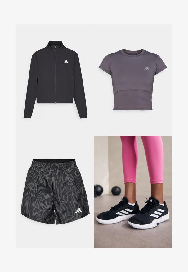 adidas Performance TRAIN ESSENTIALS 3 STRIPES WARM UP - Tréning dzseki - black/white; Rövid ujjú, szürke sportos crop top, illeszkedő fazonnal. Texturált anyag és diszkrét logó az emlőrészen. Sima szövetfelület.; Fekete sportnadrág hullámos szürke mintával, rugalmas derékpánttal és oldalsó vágásokkal. Az alsó bal oldalon található egy fehér logó.; Fekete sportcipők fehér csíkokkal, texturált hálós felsőrésszel és fehér talppal. Rózsaszín leggings-szel viselve, bemutatva az edzőruhákat.