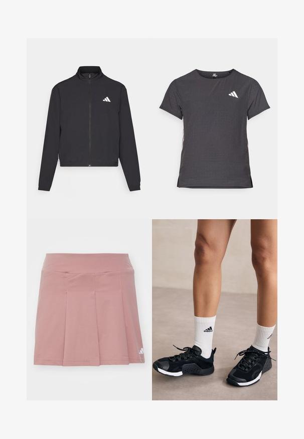 adidas Performance TRAIN ESSENTIALS 3 STRIPES WARM UP - Športna jakna/jopica - black/white; Kratka športna majica s kratkimi rokavi, temno siva z perforirano teksturo. Ima bel logotip in kontrastne stranske črte. Okrogel ovratnik.; Roza športna krila z oprijetim pasom in nabranim dizajnom. Narejena iz lahkotnega blaga, z logotipom v spodnjem kotu.; Črne športne čevlje z teksturirano zgornjo stranjo, belimi poudarki in varnim sistemom vezanja, v kombinaciji z belimi rebrastimi nogavicami, ki prikazujejo logo.