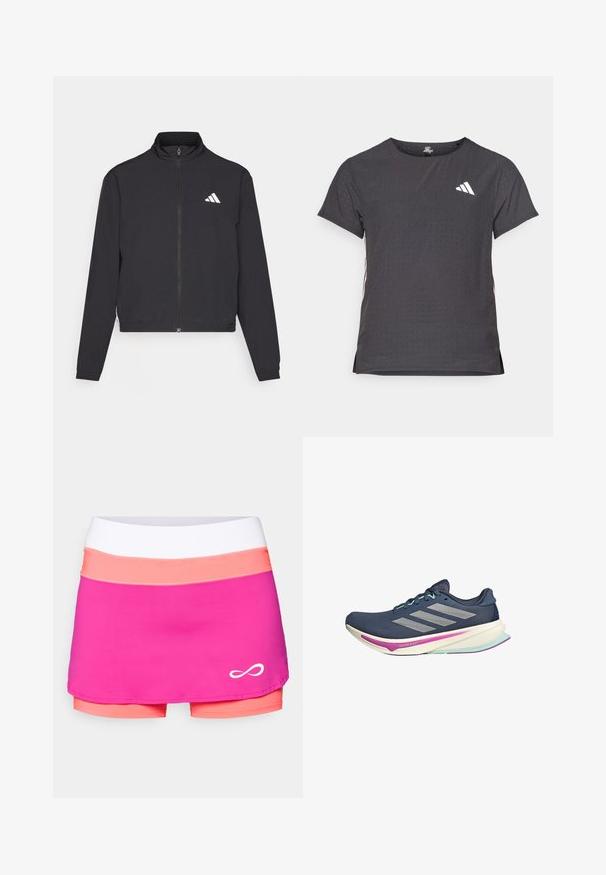 adidas Performance TRAIN ESSENTIALS 3 STRIPES WARM UP - Bluză de trening - black/white; Tricou athletic cu mânecă scurtă, gri închis, cu textură perforată. Prezentă un logo alb și dungi contrastante pe laterale. Guler rotunjit.; Endless SKIRT RACE - Fustă sport - deep fucsia; Pantofii de alergare pentru marine, cu un superior din plasă, dungi argintii, accente mentă și o talpă amortizată cu detalii roz și teal pentru confort.