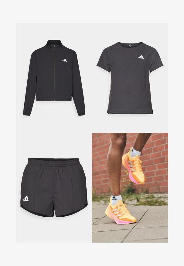 adidas Performance TRAIN ESSENTIALS 3 STRIPES WARM UP - Treningsjakke - black/white; Kortermet treningstrøye, mørkegrå med perforert tekstur. Har en hvit logo og kontrasterende side-striper. Rund halslinje.; Svart treningsshorts laget av lett materiale, med elastisk midje og en hvit Adidas-logo nederst til venstre.; Lyse gule joggesko med rosa accenter og hvite striper, med mesh-overdel, lett design og teksturert såle.