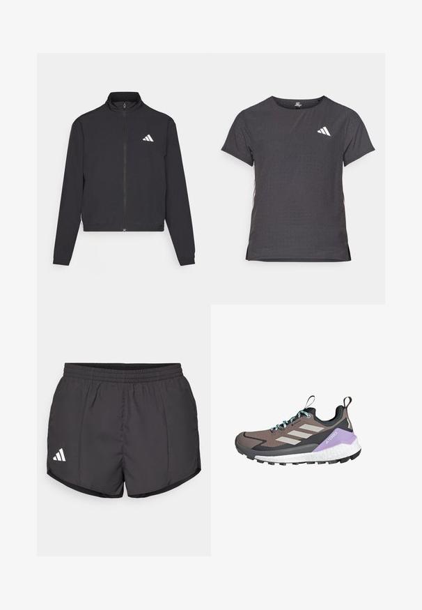 adidas Performance TRAIN ESSENTIALS 3 STRIPES WARM UP - Treningsjakke - black/white; Kortermet treningstrøye, mørkegrå med perforert tekstur. Har en hvit logo og kontrasterende side-striper. Rund halslinje.; Svart treningsshorts laget av lett materiale, med elastisk midje og en hvit Adidas-logo nederst til venstre.; GORE-TEX fjellsko med grå og svart overdel, hvite og lavendel detaljer, teksturert overflate og robust såle med godt grep.