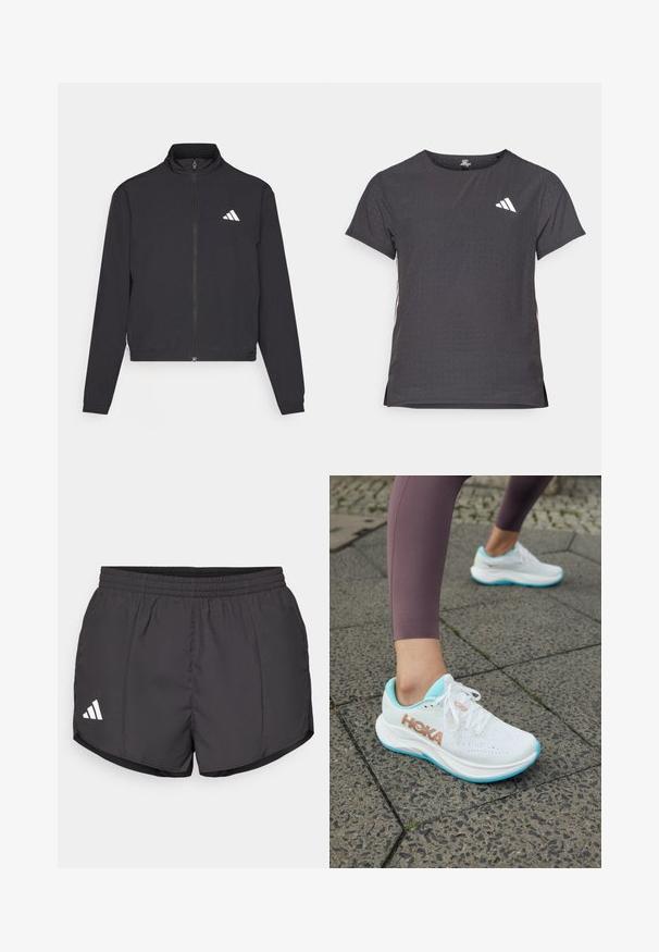 adidas Performance TRAIN ESSENTIALS 3 STRIPES WARM UP - Športna jakna/jopica - black/white; Kratka športna majica s kratkimi rokavi, temno siva z perforirano teksturo. Ima bel logotip in kontrastne stranske črte. Okrogel ovratnik.; Črne atletske kratke hlače iz lahkega materiala, z elastičnim pasom in belim logotipom Adidas na spodnji levi strani.; HOKA RINCON 4 - Tekaški copati za cesto - frost/rose gold