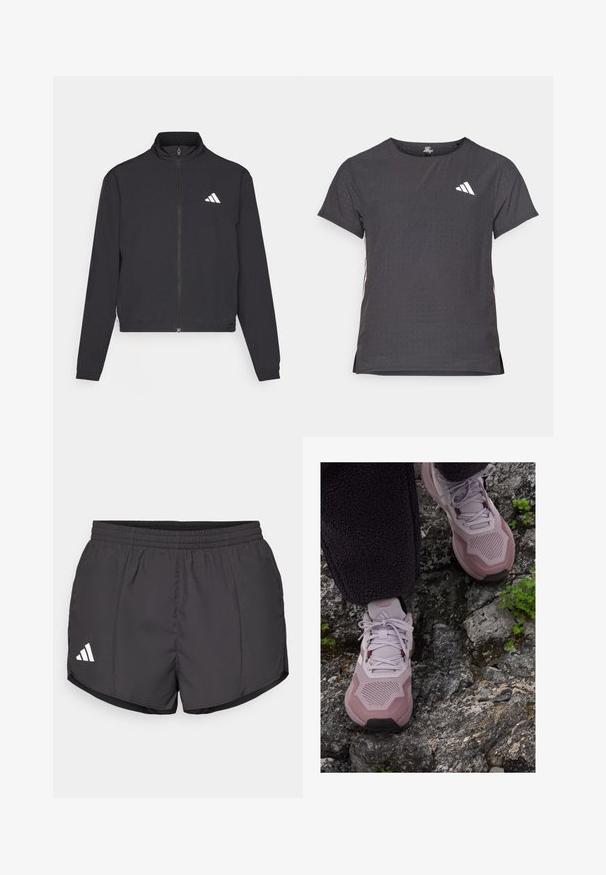 adidas Performance TRAIN ESSENTIALS 3 STRIPES WARM UP - Tréningová bunda - black/white; Tričko s krátkym rukávom pre šport, tmavosivé s perforovanou textúrou. Obsahuje biele logo a kontrastné bočné pruhy. Okrúhly výstrih.; Čierne športové šortky vyrobené z ľahkej látky, s elastickým pásom a bielym logom Adidas na dolnej ľavej strane.; Svetlofialové športové topánky s textúrovaným sieťovinovým zvrškom, spevnenou špičkou a gumovou podrážkou, položené na kamenistom teréne s zelenými akcentmi.