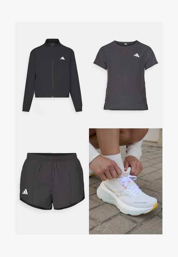 adidas Performance TRAIN ESSENTIALS 3 STRIPES WARM UP - Treniņjaka - black/white; Īsām piedurkņu sporta T-krekls, tumši pelēks ar perforētu tekstūru. Iespējots ar baltu logotipu un kontrastējošām sānu svītrām. Apaļa kakla izgriezums.; Melnas sporta šortas, izgatavotas no viegla materiāla, ar elastīgu jostu un baltu Adidas logo apakšējā kreisajā pusē.; Saucony HURRICANE 24 - Apavi skriešanai pa asfaltu - white