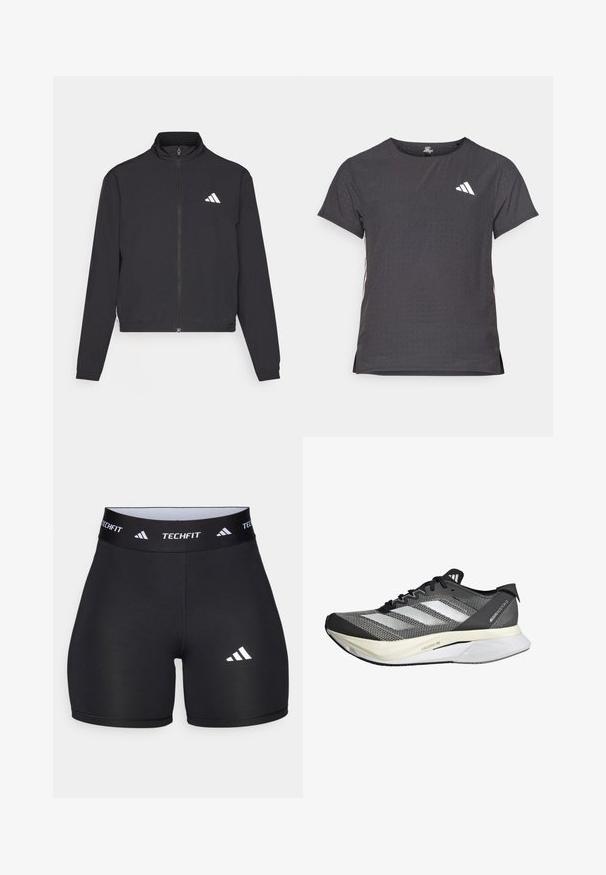 adidas Performance TRAIN ESSENTIALS 3 STRIPES WARM UP - Treningsjakke - black/white; Kortermet treningstrøye, mørkegrå med perforert tekstur. Har en hvit logo og kontrasterende side-striper. Rund halslinje.; Svart shorts laget av elastisk stoff med en tettsittende design. Har en bred svart midjebånd merket "TECHFIT" og en hvit logo på benet.; Svart og hvit løpesko med strikket overdel, tre side-striper, en lett såle og teksturdetaljer på nettet.