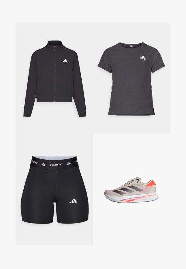 adidas Performance TRAIN ESSENTIALS 3 STRIPES WARM UP - Training jacket - black/white; Short-sleeve athletic t-shirt, dark gray with perforated texture. Features a white logo and contrasting side stripes. Rounded neckline.; Black shorts made from stretchy fabric with a fitted design. Features a wide black waistband labeled "TECHFIT" and a white logo on the leg.; Beige and coral Adidas running shoe with black stripes, white sole, and "ADIZERO SL" text on heel side.