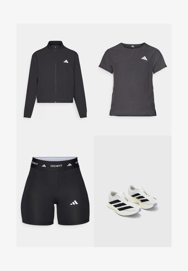 adidas Performance TRAIN ESSENTIALS 3 STRIPES WARM UP - Sportinė striukė - black/white; Trumpas rankovėmis sportinis marškinėlis, tamsiai pilkas, su perforuota tekstūra. Yra baltas logotipas ir kontrastingos šoninės juostos. Iškirptė suapvalinta.; Juodi šortai, pagaminti iš tamprių medžiagų, su prigludusia forma. Yra platus juodas juosmuo, pažymėtas "TECHFIT", ir baltas logotipas ant kojos.; Balti sportiniai bateliai su juodomis juostomis ir ženklinimu, turintys tinklelio viršutinę dalį, apvalų pirštą ir storą grietinę spalvos padą, skirtą amortizacijai.