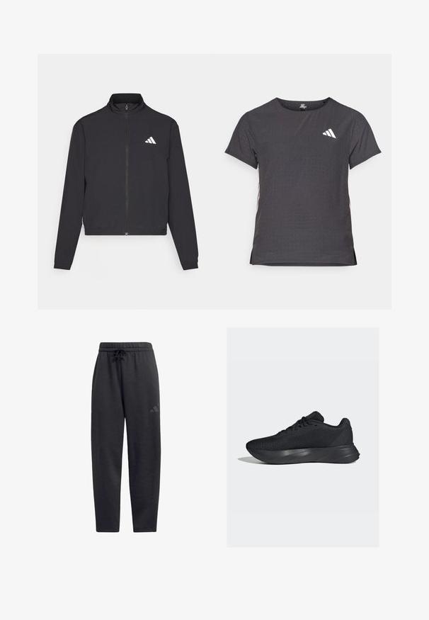 adidas Performance TRAIN ESSENTIALS 3 STRIPES WARM UP - Trainingsjacke - black/white; Kurze Ärmel Sport-T-Shirt, dunkelgrau mit durchbrochener Textur. Enthält ein weißes Logo und kontrastierende Seitenstreifen. Runder Ausschnitt.; Schwarze Sweatpants aus weichem Stoff, mit einem elastischen Bund und Kordelzug, geraden Beinen und einem dezenten Logo auf dem Oberschenkel.; Schwarze Sportschuhe mit einem Obermaterial aus Mesh, strukturierter Oberfläche und einer geformten Zwischensohle für Unterstützung. Verfügt über traditionelle Schnürung und eine gepolsterte Ferse.