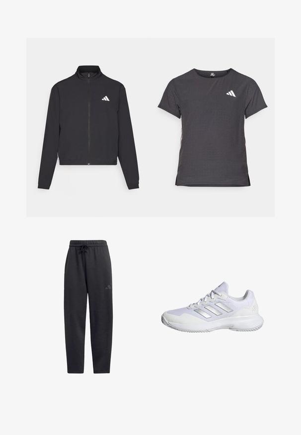 adidas Performance TRAIN ESSENTIALS 3 STRIPES WARM UP - Bluză de trening - black/white; Tricou athletic cu mânecă scurtă, gri închis, cu textură perforată. Prezentă un logo alb și dungi contrastante pe laterale. Guler rotunjit.; Pantaloni de trening negri, dintr-un material moale, cu un tiv elastic dotat cu șnur, picioare drepte și un logo discret pe coapsă.; Pantofle atletice albe cu partea superioară din plasă, panouri texturate și accente argintii. Dispune de o talpă căptușită și un design cu vârf rotund.