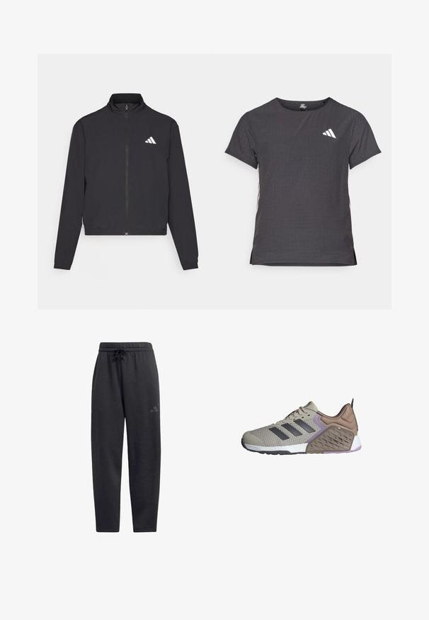 adidas Performance TRAIN ESSENTIALS 3 STRIPES WARM UP - Spordijakk - black/white; Lühikese varrukaga sportlik T-särk, tumehall, perforatsiooni tekstuuriga. Omab valget logo ja kontrastset külgtriipu. Ümar kaelus.; Mustadest pehmest kangast dressipükstest, millel on elastne vöökoht ja nöör, sirged säärtes ning diskreetne logo reiel.; Beež sportlik king, hallide aktsentidega, tekstureeritud võrkkate, polsterdatud krae ja kaheläbiline tall, millel on mustriline disain ja lillad detailid.