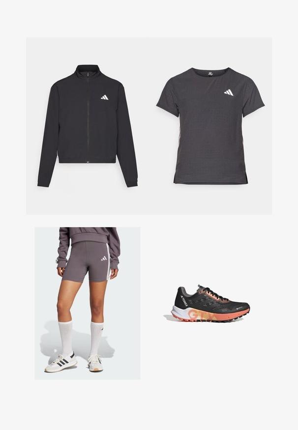 adidas Performance TRAIN ESSENTIALS 3 STRIPES WARM UP - Trainingsjacke - black/white; Kurze Ärmel Sport-T-Shirt, dunkelgrau mit durchbrochener Textur. Enthält ein weißes Logo und kontrastierende Seitenstreifen. Runder Ausschnitt.; Graue Sportshorts mit weißen Seitenstreifen, aus einem glatten Stoff gefertigt. Kombiniert mit weißen Kniestrümpfen und Sneakers mit schwarzen Akzenten.; Schwarzer Sportschuh mit Gore-Tex-Obermaterial, pinken Akzenten, strukturiertem Außensohle und markanten Branding. Leichtes Design für Outdoor-Performance.