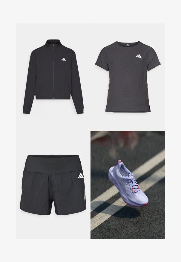 adidas Performance TRAIN ESSENTIALS 3 STRIPES WARM UP - Chaqueta de entrenamiento - black/white; Camiseta atlética de manga corta, gris oscuro con textura perforada. Presenta un logo blanco y rayas laterales en contraste. Escote redondeado.; Pantalones cortos deportivos negros con una amplia cintura elástica, tela ligera y detalles de logo blancos en el lateral inferior.; Zapatilla de correr en tono púrpura claro con un upper texturizado, detalles en color rosa, un mecanismo de cordones redondo y una suela moteada, elevándose sobre un fondo de pavimento.