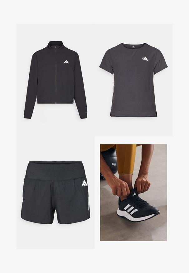 adidas Performance TRAIN ESSENTIALS 3 STRIPES WARM UP - Trainingsvest - black/white; Korte mouwen sport t-shirt, donkergrijs met geperforeerde textuur. Bevat een wit logo en contrasterende zijstrepen. Ronde halslijn.; Zwarte sportshorts met een brede elastische tailleband, lichtgewicht stof en witte logo-accenten aan de onderkant zijkant.; Zwarte sportieve schoen met witte strepen, textuur bovenkant en rubberen zool. Persoon past de kousenkraag aan terwijl hij op een grijze ondergrond zit.
