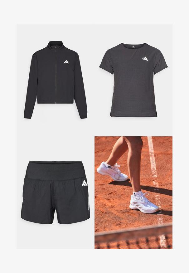 adidas Performance TRAIN ESSENTIALS 3 STRIPES WARM UP - Chaqueta de entrenamiento - black/white; Camiseta atlética de manga corta, gris oscuro con textura perforada. Presenta un logo blanco y rayas laterales en contraste. Escote redondeado.; Pantalones cortos deportivos negros con una amplia cintura elástica, tela ligera y detalles de logo blancos en el lateral inferior.; Zapatillas deportivas blancas con parte superior texturizada y cordones, con rayas laterales, usadas con calcetines blancos sobre una superficie de arcilla naranja.