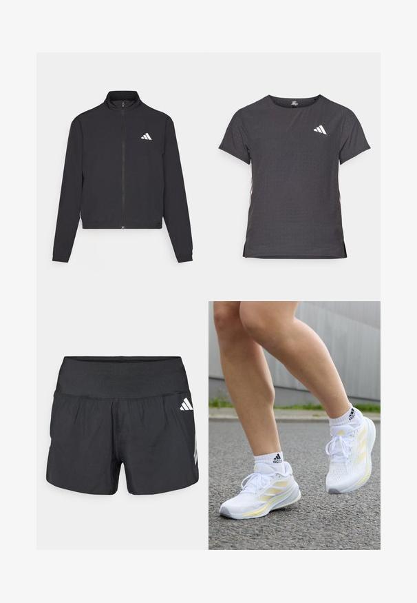 adidas Performance TRAIN ESSENTIALS 3 STRIPES WARM UP - Training jacket - black/white; Short-sleeve athletic t-shirt, dark gray with perforated texture. Features a white logo and contrasting side stripes. Rounded neckline.; Black athletic shorts featuring a wide elastic waistband, lightweight fabric, and white logo accents on the lower side.; adidas Performance SUPERNOVA RISE W - Road running shoes - footwear white/zero metallic/almost yellow